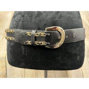 Women Faux Leather‎ Belt Double Gold Tone Chain Sz S Mob Wife Chic Statement